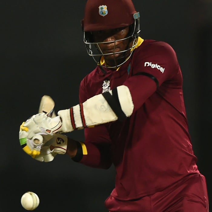 West Indies’s Marlon Samuels in action today.