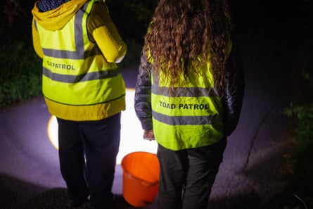 Two people with backs to camera with high vis jackets with “toad patrol” on.