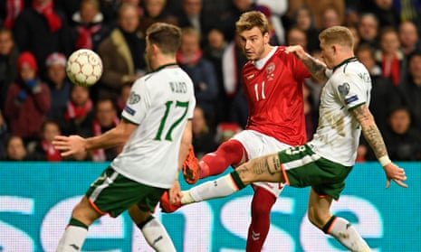 Denmark’s Nicklas Bendtner finds Stephen Ward and James McClean blocking his path in the first leg of the World Cup play-off on Saturday.