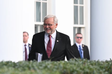 Kevin Rudd smiling as he leaves the White House