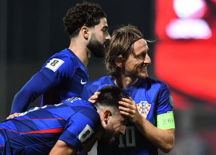 Martin Erlic and Luka Modric of Croatia celebrate after the defender’s goal against Gibraltar in October
