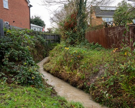 The brook near Christine’s home in Trowell, Nottinghamshire. She says flooding is caused by water runoff due to new houses being built at the top of her road.