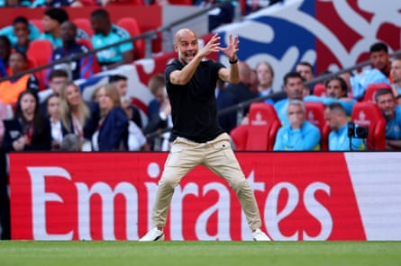 Pep Guardiola reacts on the sideline during the FA Cup final between Manchester City and Crystal Palace.