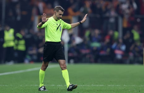 Soccer Soccer Clement Turpin gestures after canceling a penalty kick against Galatasaray