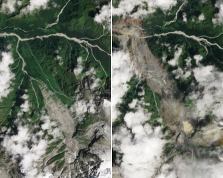 The glacier on Mount Langtang Lirung in Nepal, before and after its collapse.