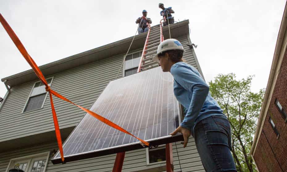 For the first time, more solar systems came online than natural gas power plants – the top source of electricity in the US . On May 3, 2016, Serena Bruce (front), Richard Cochran (left) and Antwain Nelson (center), workers with Grid Alternatives, installed solar panels at a Northeast D.C. residence. The solar installation marked the millionth American install. 