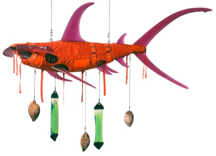Orange Shark, 2008; polyurethane resin, nylon, cotton webbing, stainless steel, mouth wash, distilled water, coconuts and rope.