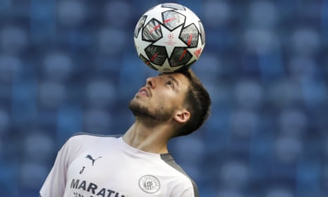 Manchester City's Ruben Dias heads the ball during a training session ahead of the Champions League final match at the Dragao stadium in Porto, Portugal, Friday, May 28, 2021. Manchester City and Chelsea will play the Champions League final on Saturday. (AP Photo/Manu Fernandez)