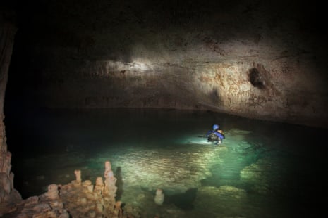 Exploring Mayan underwater Caves in Mexican jungle on the Yucatán peninsula.
