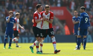 Southampton’s Jan Bednarek, left, celebrates scoring their second goal with Pierre-Emile Hojbjerg.