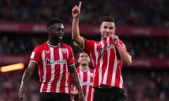 Gorka Guruzeta (right) celebrates after scoring his second goal against Alavés on Saturday