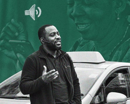 Composite of a minicab driver in a phone conversation.