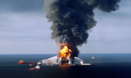 Deepwater Horizon on fire in 2010.