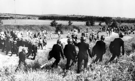 Police at Orgreave, Rotherham, June 1984, dealing with the miners’ strike. 