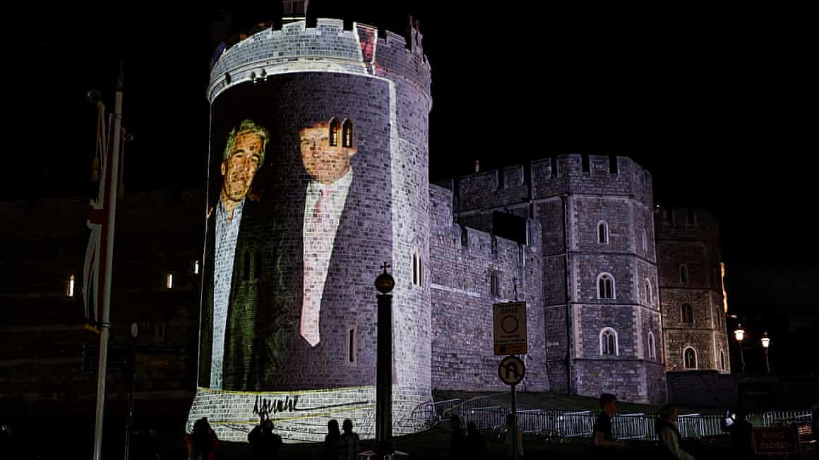 An image of Donald Trump and Jeffrey Epstein projected on to Windsor Castle.