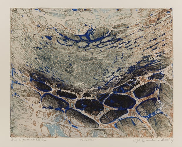 Whirlpool print by Krishna Reddy, 1963: a frantic composition of discrete blues.