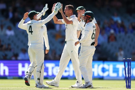 Josh Hazlewood celebrates taking his fifth wicket of the match.