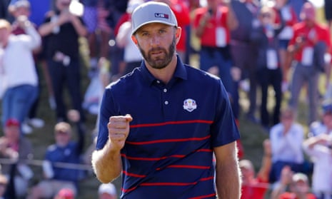 Dustin Johnson reacts after holing his birdie putt on the 11th green to win the hole.