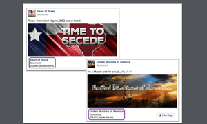Two Russian-created Facebook pages displayed at the hearing by senator Richard Burr.