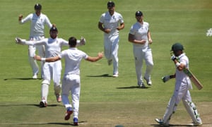 England’s Jonny Bairstow congratulates Jimmy Anderson for the wicket of Faf du Plessis of South Africa.