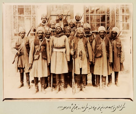 Slaves who were not eunuchs were sometimes assigned to the armies of the Qajar elites. The 14 pictured here belonged to Qajar prince Zell-e-Soltan, Ghameshlou, Isfahan, 1904.