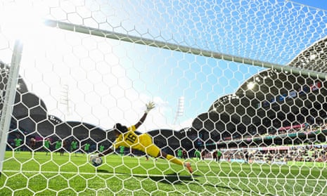 Nigeria goalkeeper Chiamaka Nnadozie saves Christine Sinclair’s penalty at Melbourne Rectangular Stadium.
