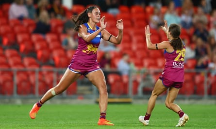 Jesse Wardlaw celebrates a goal during Brisbane’s preliminary final win over Adelaide Crows.