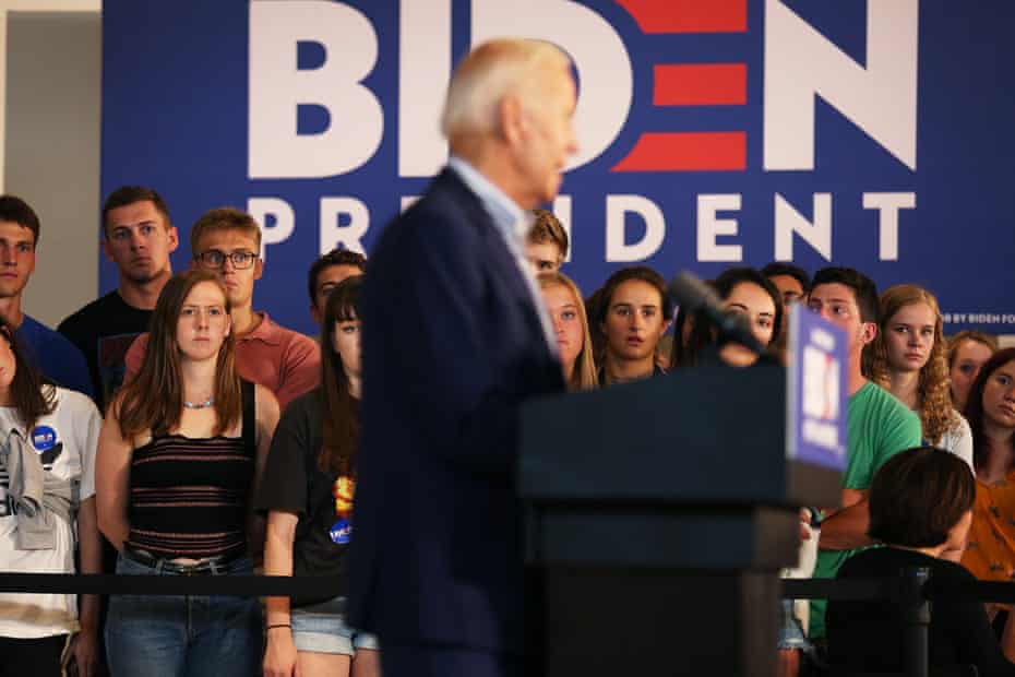 Joe Biden speaks to potential voters on the Dartmouth College campus during his campaign trail through New England in August.