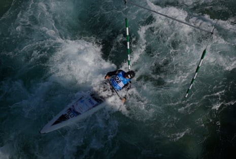 Alja Kozorog of Slovenia taking part in the women’s canoe semi-final during day four of the ICF Canoe Slalom World Championships 2023 at the Lee Valley White Water Centre.