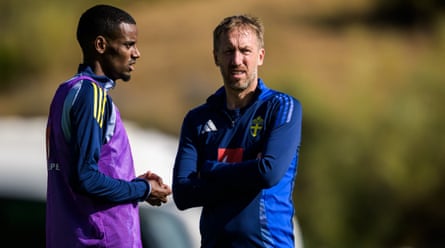 Alexander Isak (left) and the Sweden head coach Graham Potter during a training session
