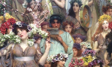Painting: Lawrence Alma Tadema, Spring,  1894. It depicts a procession in classical Rome, with some people playing instruments and others carrying flowers
