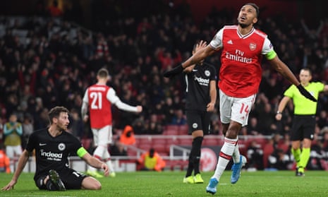 Pierre-Emerick Aubameyang of Arsenal celebrates after scoring the opening goal.
