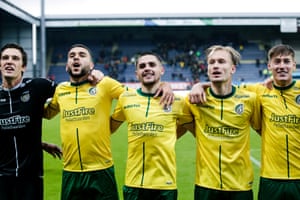 Fortuna Sittard’s Alexei Koselev, Nassim El Ablak, George Cox, Mark Diemers, Clint Essers , celebrate victory over Feyenoord.