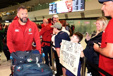 British and Irish Lions’ coach Andy Farrell (left) is greeted by fans upon his arrival at the Perth International Airport.