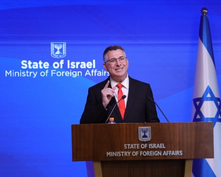 Gideon Sa’ar speaks during a press conference. He stands behind a lectern that says ‘state of Israel ministry of foreign affairs’ Gideon Sa’ar speaks during a press conference. He stands behind a lectern that says ‘state of Israel ministry of foreign affairs’