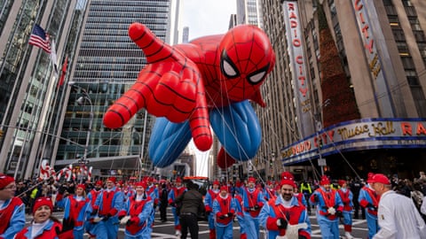 A Spiderman balloon floats near Radio City Music Hall in Manhattan.