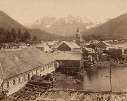 Sepia toned photo of Sitka seen from Baronov Castle with mountains in the background