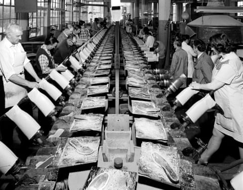 Shoe production via conveyor belt at the Bata factory.