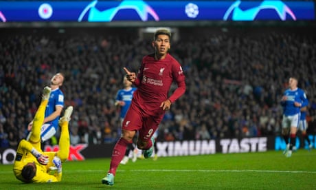 Roberto Firmino celebrates scoring Liverpool’s second goal during the Champions League win against Rangers