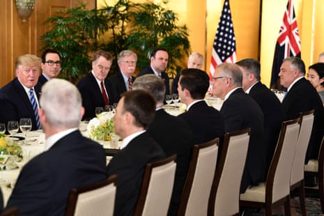 JAPAN-G20-SUMMITUS President Donald Trump (L) attends a dinner with Australia’s Prime Minister Scott Morrison (4th R) in Osaka on June 27, 2019, ahead of the G20 Osaka Summit. (Photo by Brendan Smialowski / AFP)BRENDAN SMIALOWSKI/AFP/Getty Images