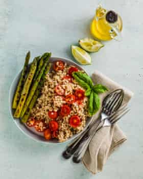 Sorghum, asparagus and tomato salad with tahini and lime