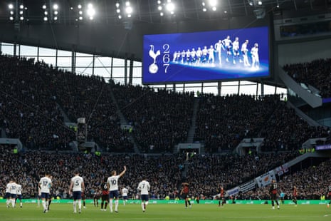A graphic on the big screen celebrates the achievement of Harry Kane, who scored his 267th goal for the club to become their record scorer, as they defeated Manchester City at the Tottenham Hotspur Stadium