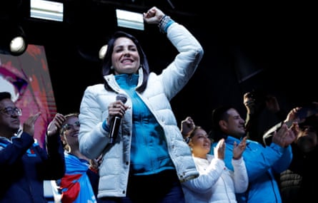 Presidential candidate Luisa Gonzalez speaks after polls close in Ecuador.