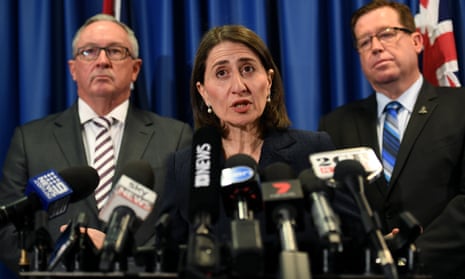 NSW minister for health Brad Hazzard, premier Gladys Berejiklian and police minster Troy Grant speak to the media after a drug overdose death in September.