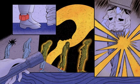 illustration has panel showing feet in an ankle monitor, panel showing people in line with heads bowed, and a panel showing an officer with light emanating from hand