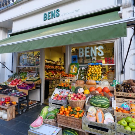 Fresh organic fruit and vegetables outside Bens healthy food shop, Primrose Hill, Camden, London, UK