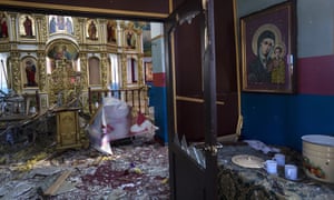 Damage is seen inside a Ukrainian Orthodox Church in Yasnohorodka, a rural town where the Ukrainian army stopped the advance of the Russian army, on the outskirts of Kyiv, Ukraine, Friday, March 25, 2022. (AP Photo/ (AP Photo/Rodrigo Abd)