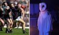 Former AFL footballer Adam White playing for Carlton in 2000 and dressed as an Owl High Priest in Late Night with the Devil. 
