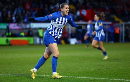 Elisabeth Terland celebrates scoring Brighton’s equaliser against Leicester, her seventh is the WSL this season. She leads the scoring charts by a goal from Khadija Shwwa, Luarne James and Martha Thomas.