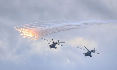 Military helicopters take part in Russia-Belarus military drills at the Ruzhansky training ground in Belarus.